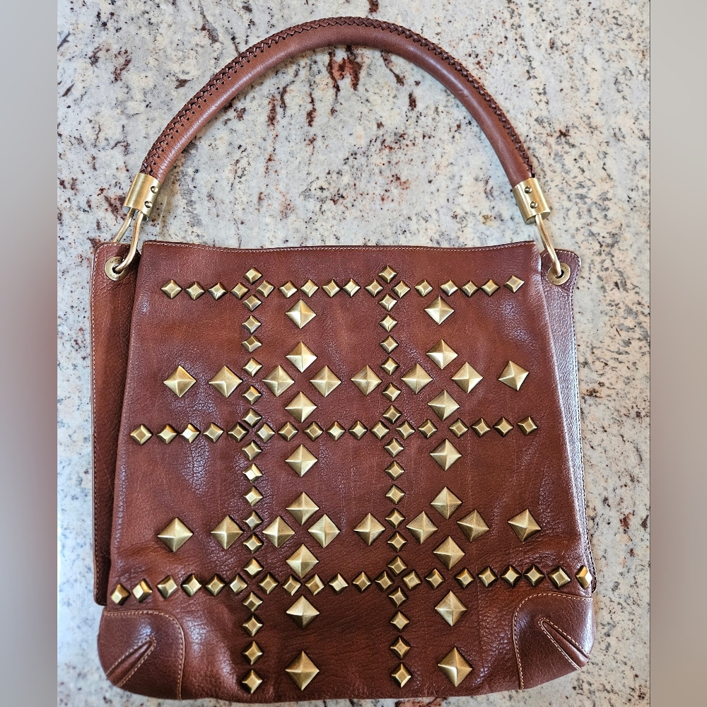 Michael KORS Authentic Vintage Studded Brown Leather Bag With Original Cloth